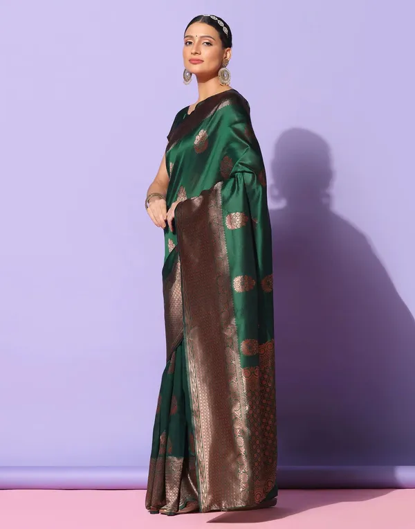 Green_Banarasi_Silk_Saree_with_Copper_Zari_Buttas_&_Rich_Woven_Border