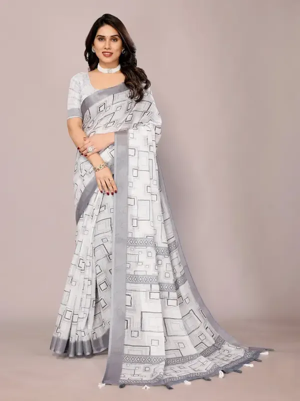 White_Printed_Cotton_Saree_&_Intricate_Digital_Floral_Design_(Box)