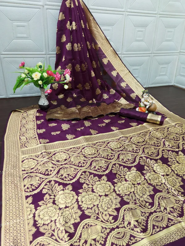 Wine_Banarasi_Silk_Saree_with_Golden_Zari_Floral_Weaving_&_Traditional_Broad_Border