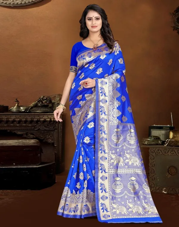 Blue_Banarasi_Silk_Saree_with_Golden_Zari_Elephant_&_Floral_Weave
