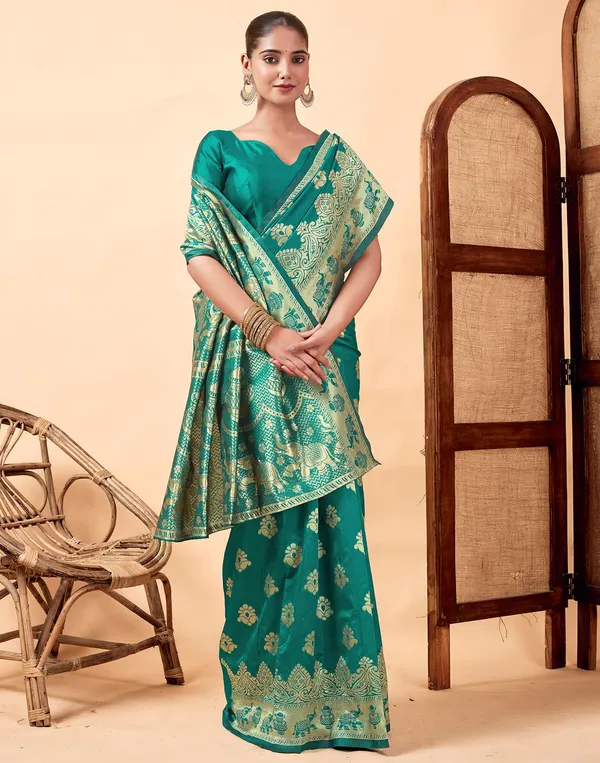 Rama_Banarasi_Silk_Saree_with_Golden_Zari_Elephant_&_Floral_Weave