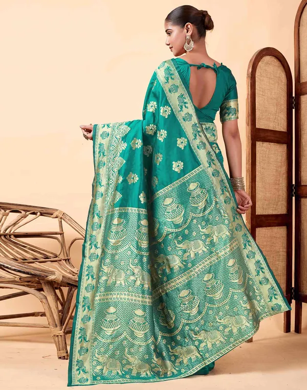Rama_Banarasi_Silk_Saree_with_Golden_Zari_Elephant_&_Floral_Weave