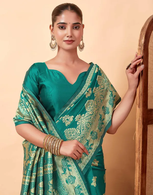 Rama_Banarasi_Silk_Saree_with_Golden_Zari_Elephant_&_Floral_Weave