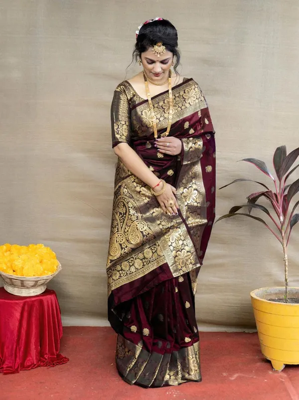 Maroon_Banarasi_Silk_Saree_with_Golden_Zari_Floral_&_Paisley_Weaving_-_Blouse_Piece_Included