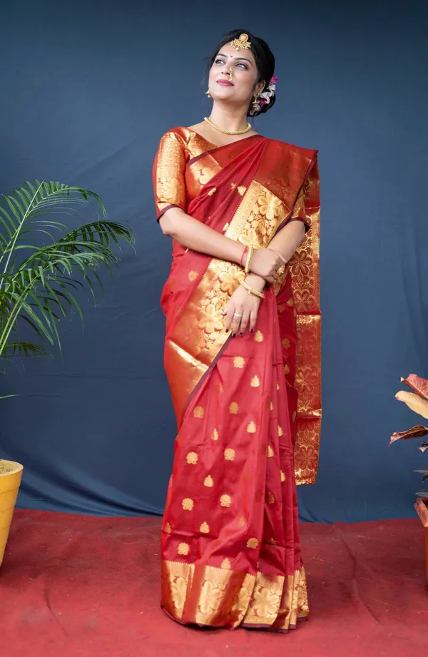 Red_Banarasi_Silk_Saree_with_Golden_Zari_Floral_&_Paisley_Weaving_-_Blouse_Piece_Included