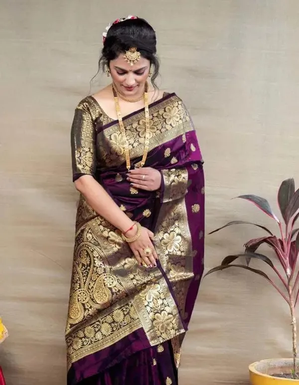 Wine_Banarasi_Silk_Saree_with_Golden_Zari_Floral_&_Paisley_Weaving_-_Blouse_Piece_Included