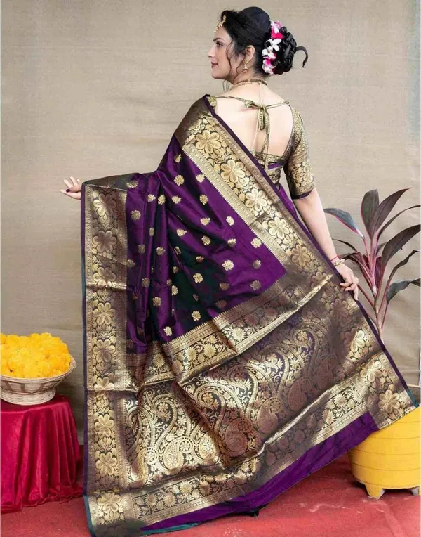 Wine_Banarasi_Silk_Saree_with_Golden_Zari_Floral_&_Paisley_Weaving_-_Blouse_Piece_Included
