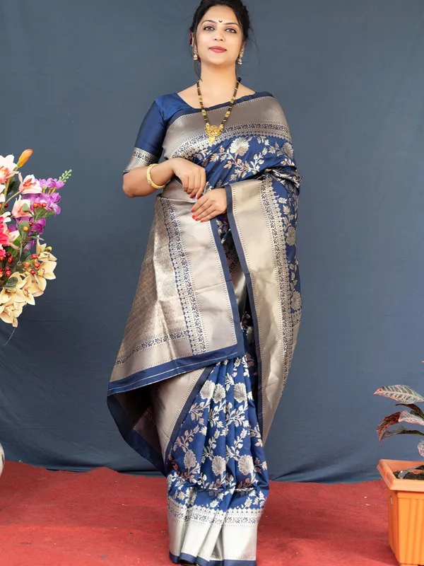 Blue_Banarasi_Silk_Saree_with_Gold_Zari_Floral_Jaal_and_Contrast_Border