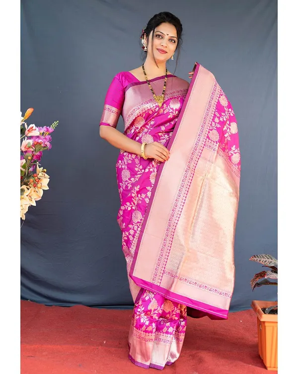 Pink_Banarasi_Silk_Saree_with_Gold_Zari_Floral_Jaal_and_Contrast_Border