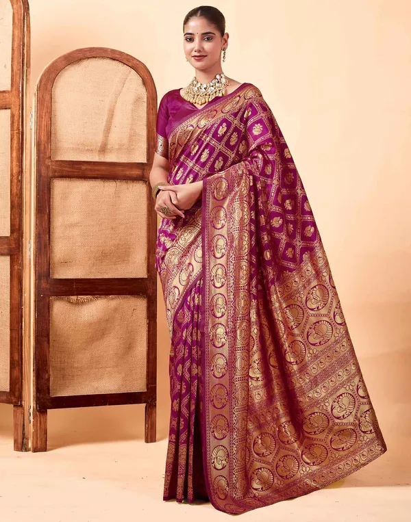 Wine_Banarasi_Silk_Saree_with_Mor_Edli_Design