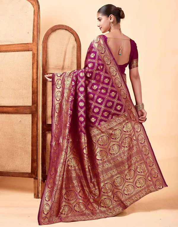 Wine_Banarasi_Silk_Saree_with_Mor_Edli_Design
