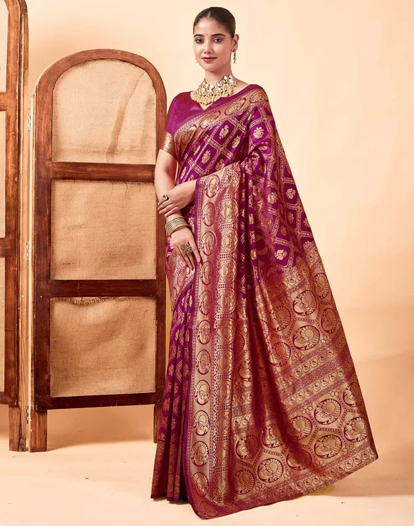 Wine_Banarasi_Silk_Saree_with_Mor_Edli_Design