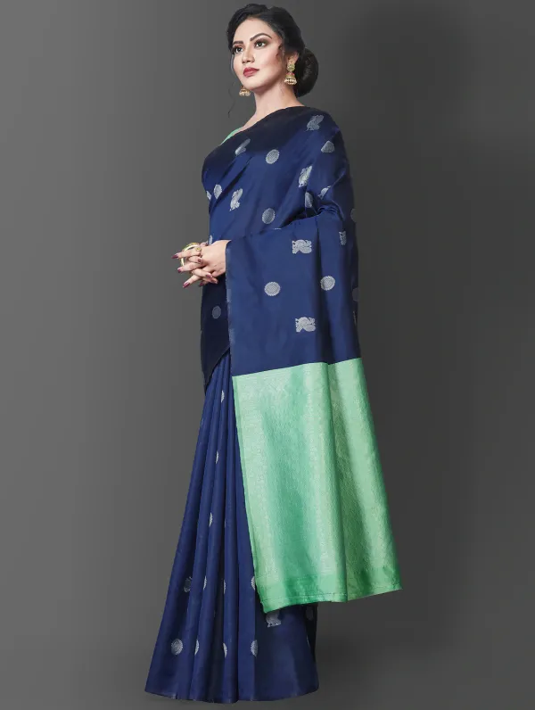 Light_Blue_Kanjivaram_Silk_Saree_with_Silver_Zari_Buttas_&_Contrast_Green_Border_-_Blouse_Piece_Included