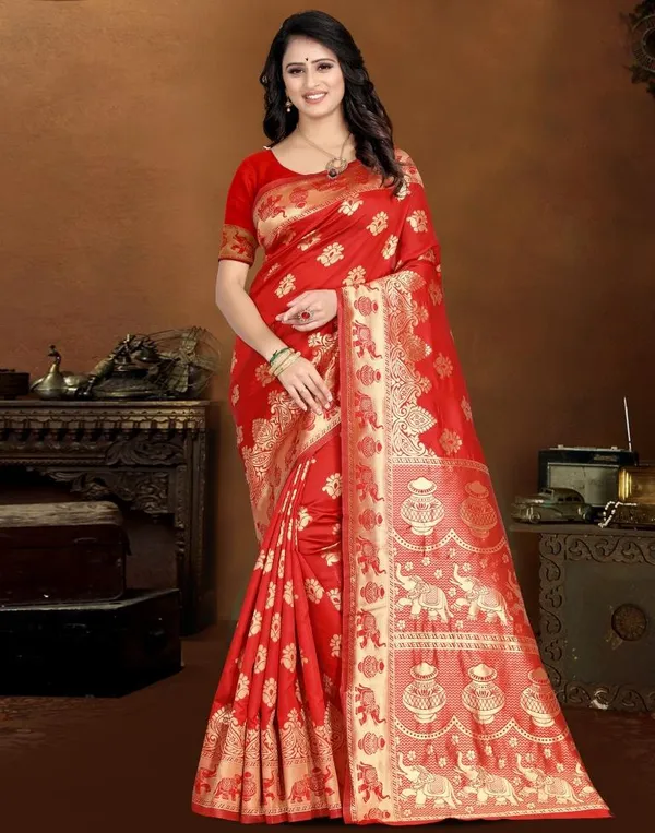 Red_Banarasi_Silk_Saree_with_Golden_Zari_Elephant_&_Floral_Weave