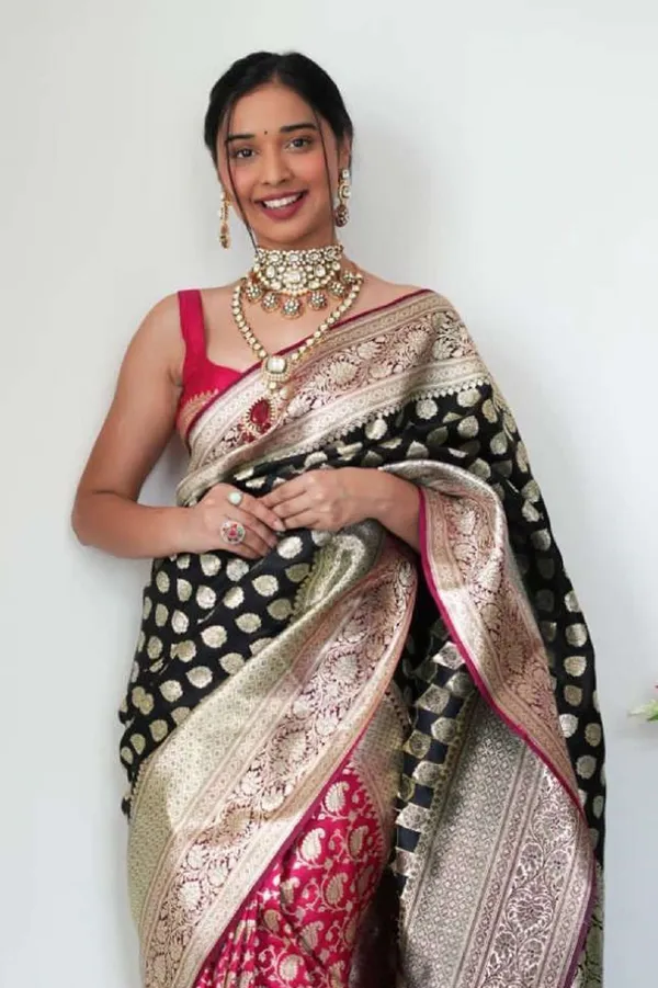 Black_&_Rani_Pink_Banarasi_Silk_Saree_with_Zari_Butta_and_Floral_Brocade_Weave