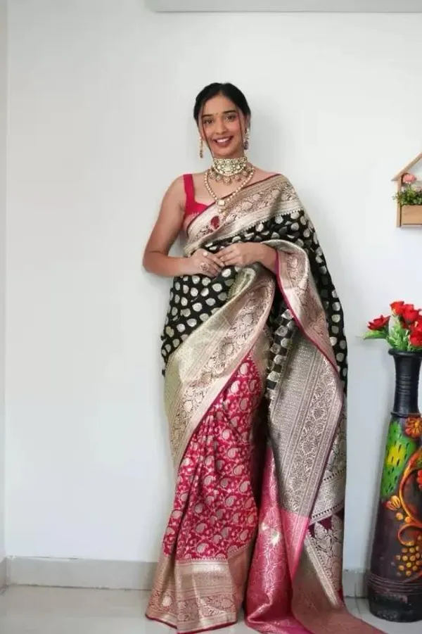 Black_&_Rani_Pink_Banarasi_Silk_Saree_with_Zari_Butta_and_Floral_Brocade_Weave