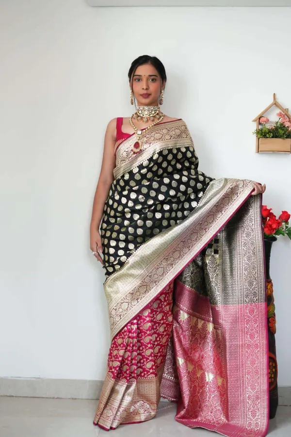Black_&_Rani_Pink_Banarasi_Silk_Saree_with_Zari_Butta_and_Floral_Brocade_Weave