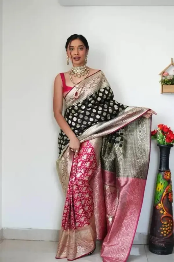 Black_&_Rani_Pink_Banarasi_Silk_Saree_with_Zari_Butta_and_Floral_Brocade_Weave
