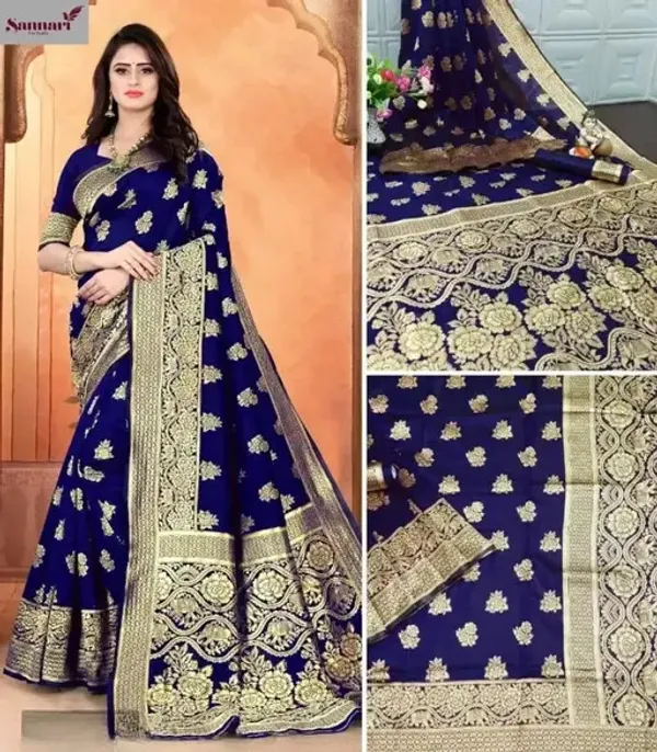 Blue_Banarasi_Silk_Saree_with_Golden_Zari_Floral_Weaving_&_Traditional_Broad_Border