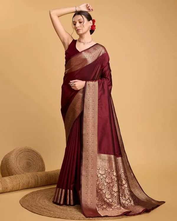 Maroon_Kanjivaram_Silk_Saree_with_Rich_Golden_Zari_Border_&_Pallu