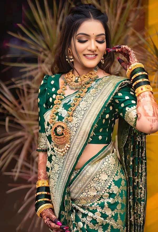 Green_Paithani_Silk_Saree_with_Golden_Zari_Butta_and_Rich_Pallu_Border