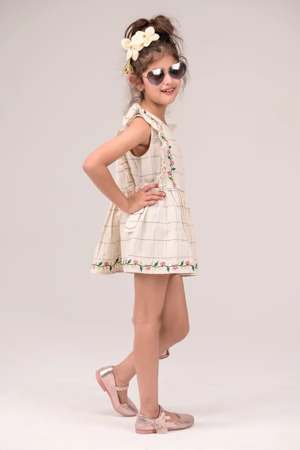 Ivory_&_Black_Check_Casual_Wear_Cotton_Voile_Dress_For_Kids