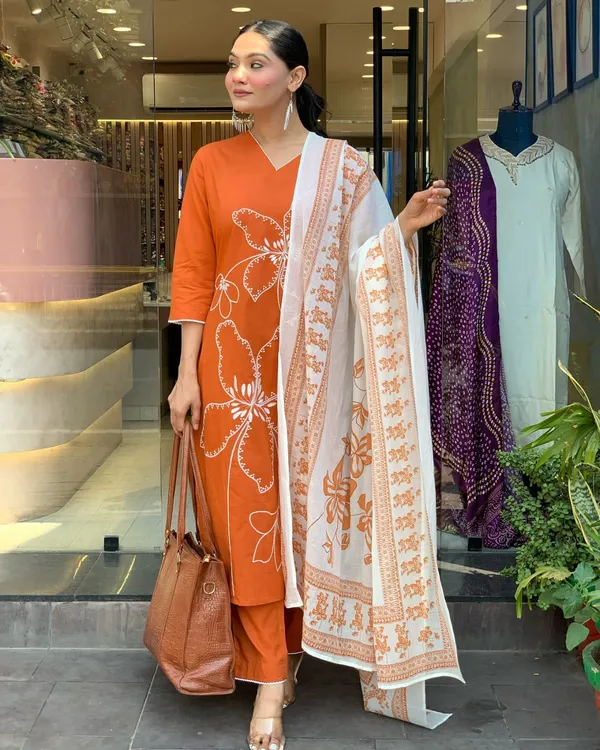 Orange_Cotton_Embroidery_3_Piece_Kurti_Set_For_Women