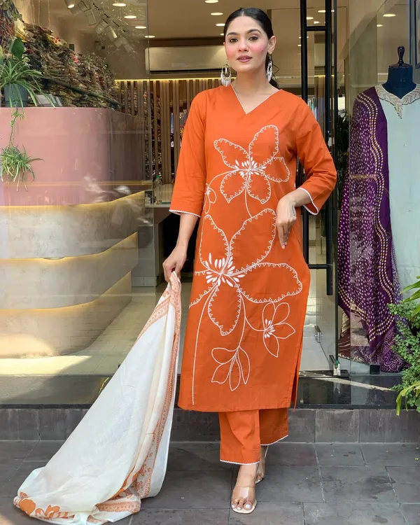 Orange_Cotton_Embroidery_3_Piece_Kurti_Set_For_Women