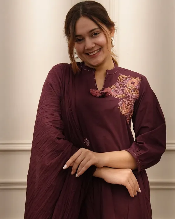 Wine_Kurti_Embroidered_Work_3_Pcs_Set_For_Women