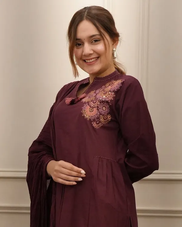 Wine_Kurti_Embroidered_Work_3_Pcs_Set_For_Women