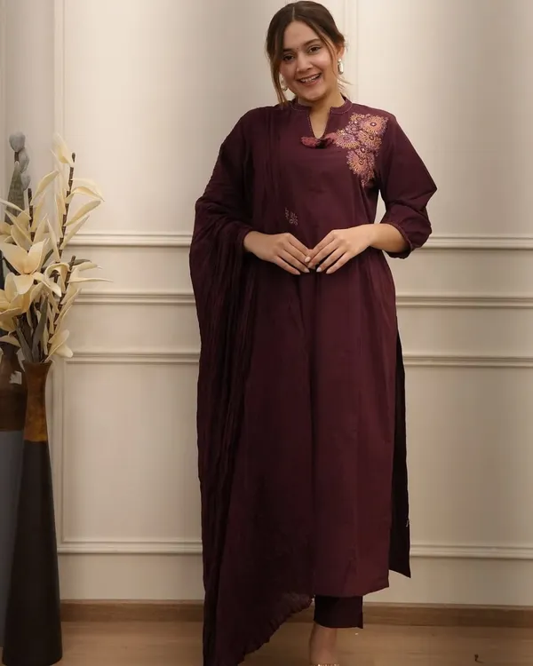 Wine_Kurti_Embroidered_Work_3_Pcs_Set_For_Women