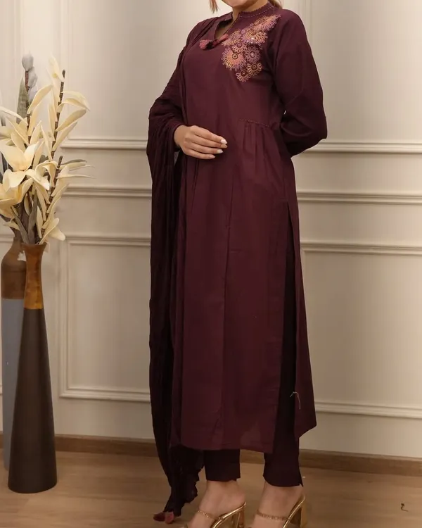 Wine_Kurti_Embroidered_Work_3_Pcs_Set_For_Women