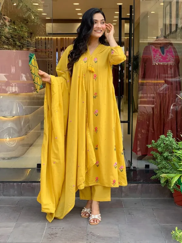 Yellow_Embroidered_Cotton_3_Piece_Kurti_Set_For_Women