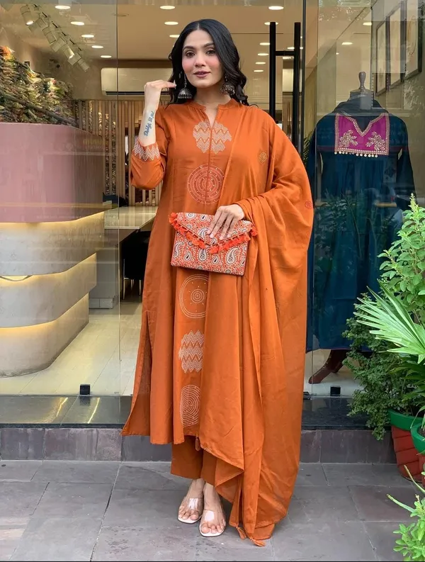 Orange_Embroidered_Cotton_Circle_Kurti_3Pc_Set_For_Women
