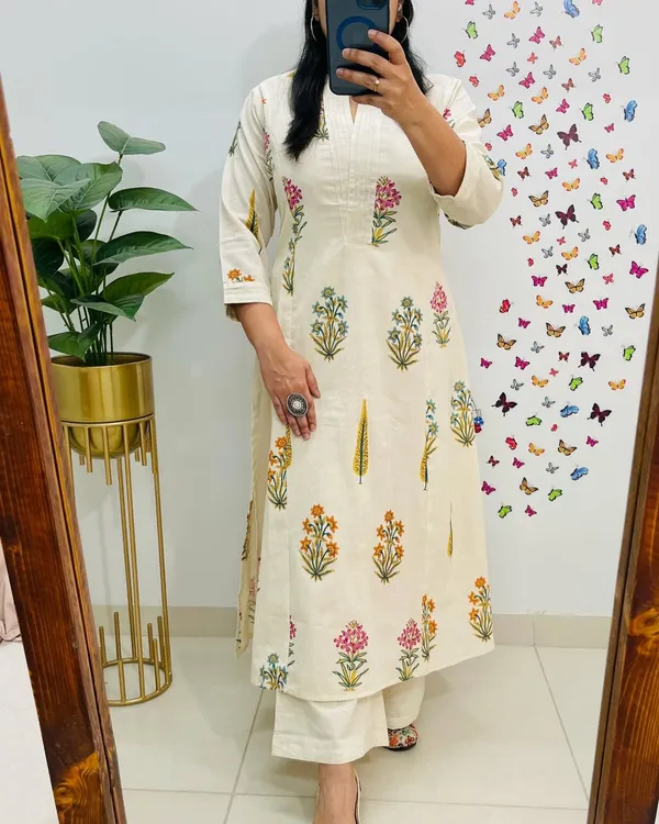 Pure_Cotton_Kurta_Pant_Set_|_Floral_Print_Daily_&_Office_Wear_|_Comfortable_60x60_Cotton_Fabric