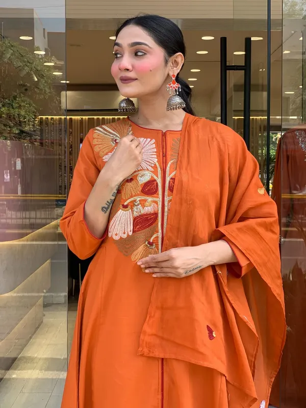 Orange_Heavy_Embroidered_Cotton_Kurti_Set_For_Women