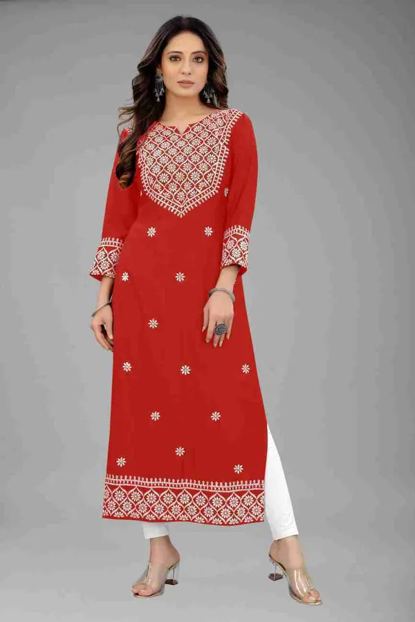 Red_Heavy_Embroidered_Rayon_Kurta_For_Women