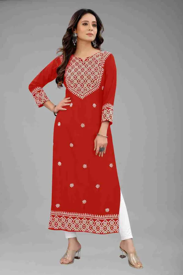 Red_Heavy_Embroidered_Rayon_Kurta_For_Women