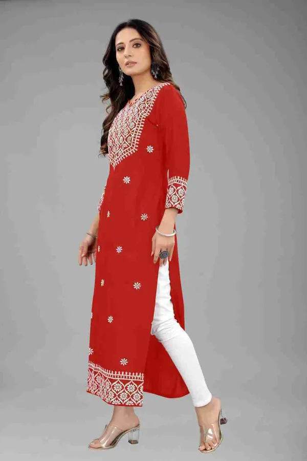 Red_Heavy_Embroidered_Rayon_Kurta_For_Women