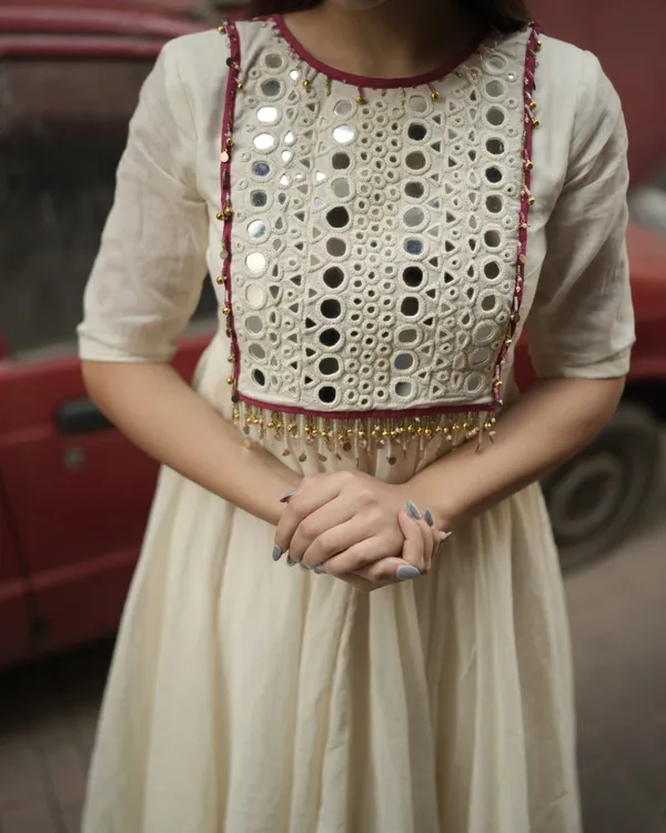 Cream_Heavy_Mirror_Embroidered_Anarkali_Kurti_Set_For_Women
