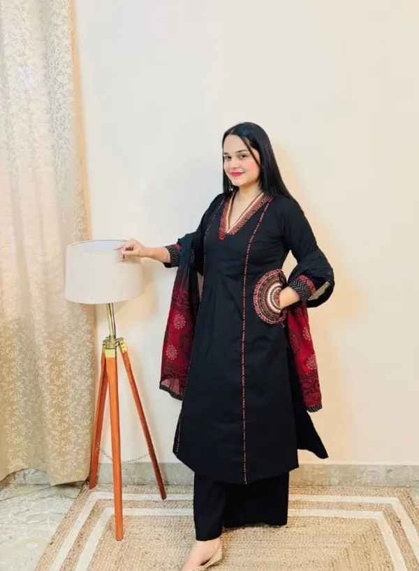 Black_Trending_V_Neck_Embroidered_Suit_Set_For_Women