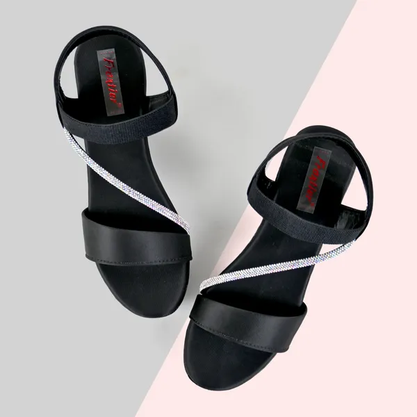 Black_Leather_Silver_Straps_Sandal_For_Women_&_Girls