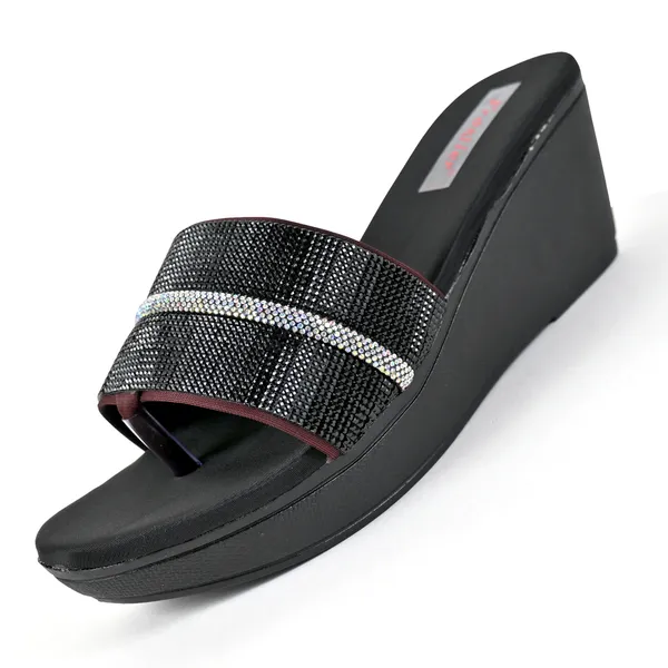 Brown_&_Black_Leather_Silver_Chain_Strap_Slipper_For_Women_&_Girls