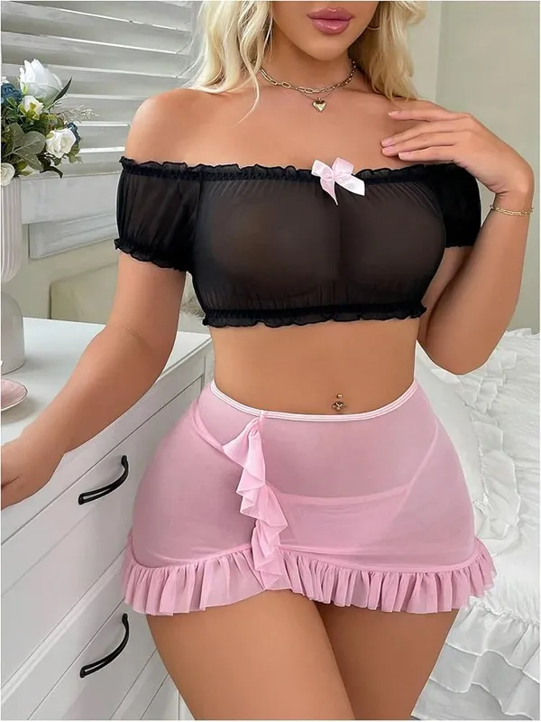 Black_Mesh_Off-Shoulder_Top_&_Baby_Pink_skirt_Lingerie_Set