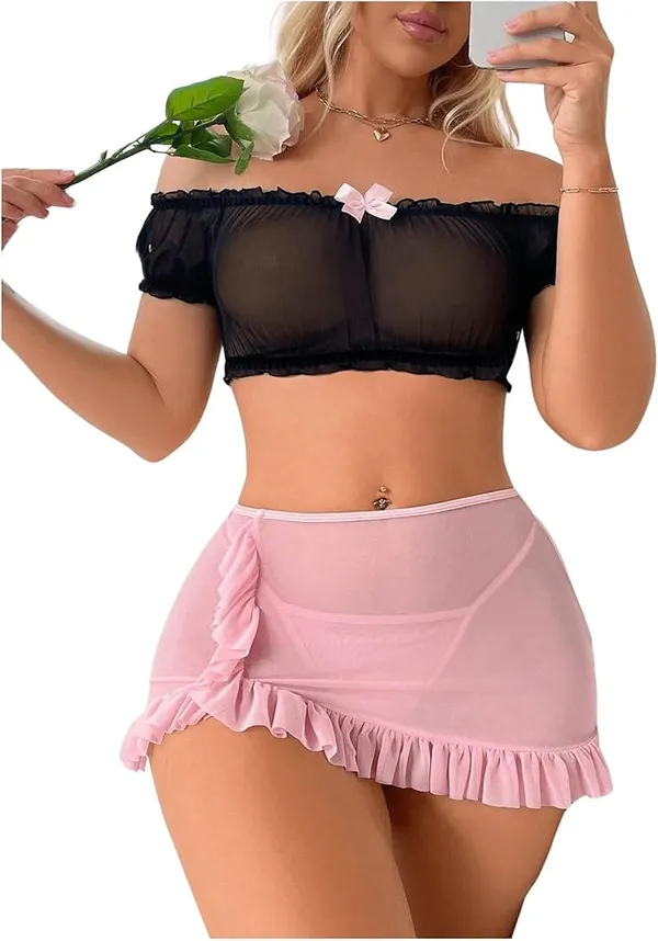 Black_Mesh_Off-Shoulder_Top_&_Baby_Pink_skirt_Lingerie_Set