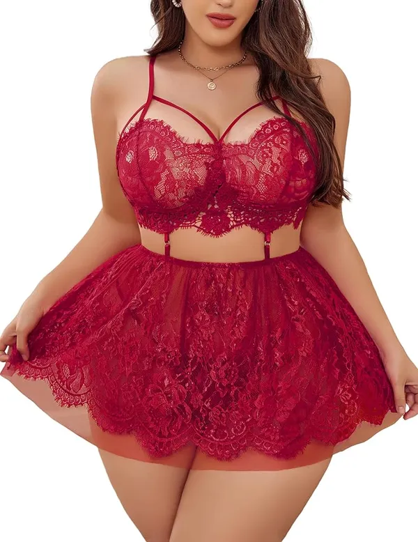 Red_Curvy_Babydoll_Lingerie_Set_For_Women