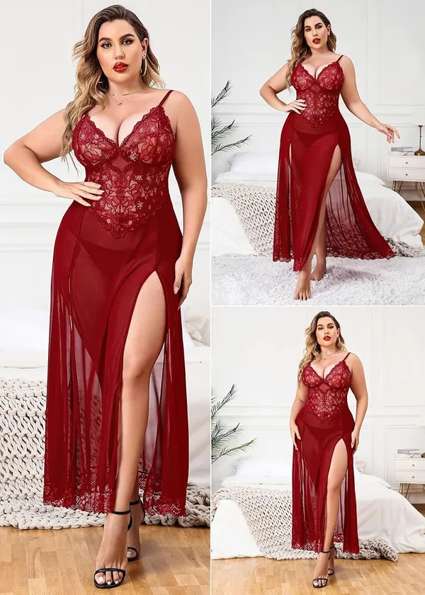 Maroon_Long_Gown_Babydoll_Set_For_Women