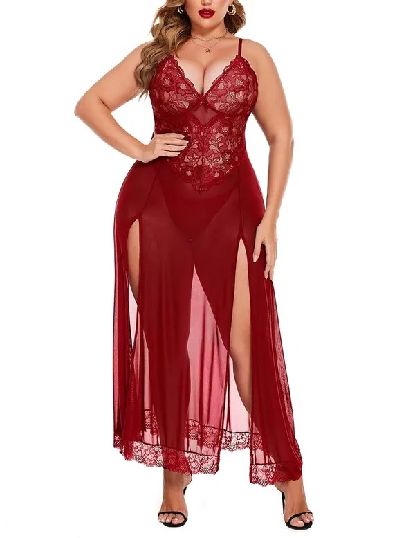 Maroon_Long_Gown_Babydoll_Set_For_Women