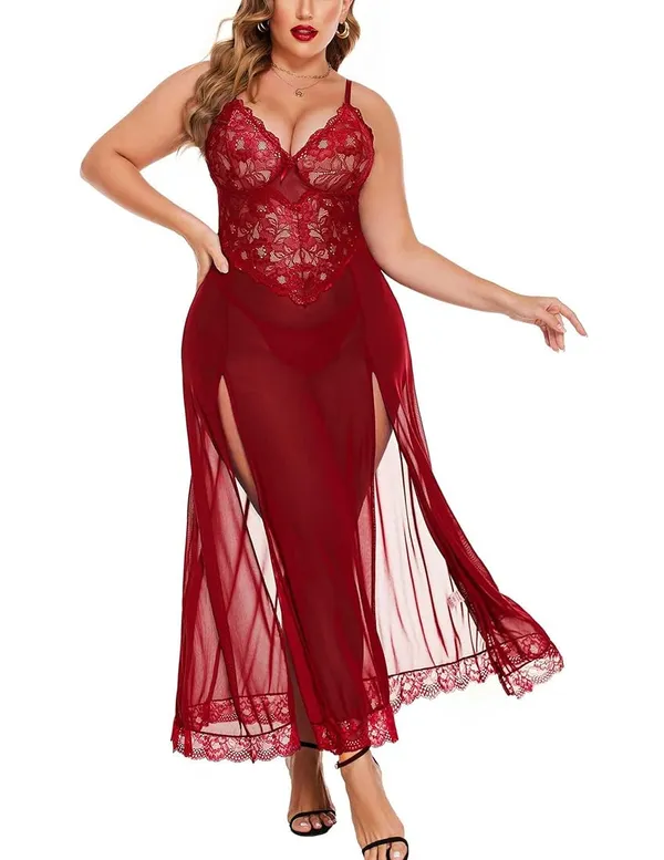 Maroon_Long_Gown_Babydoll_Set_For_Women