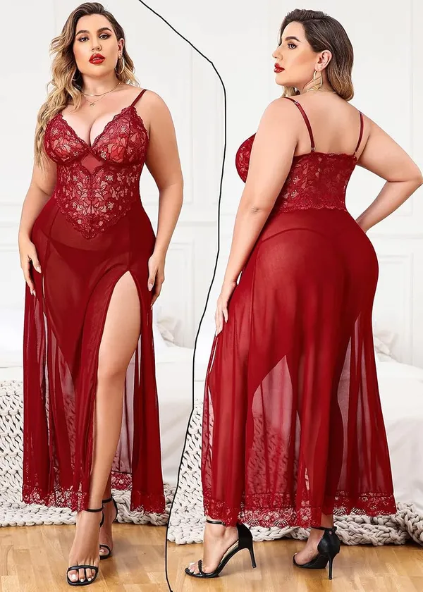 Maroon_Long_Gown_Babydoll_Set_For_Women